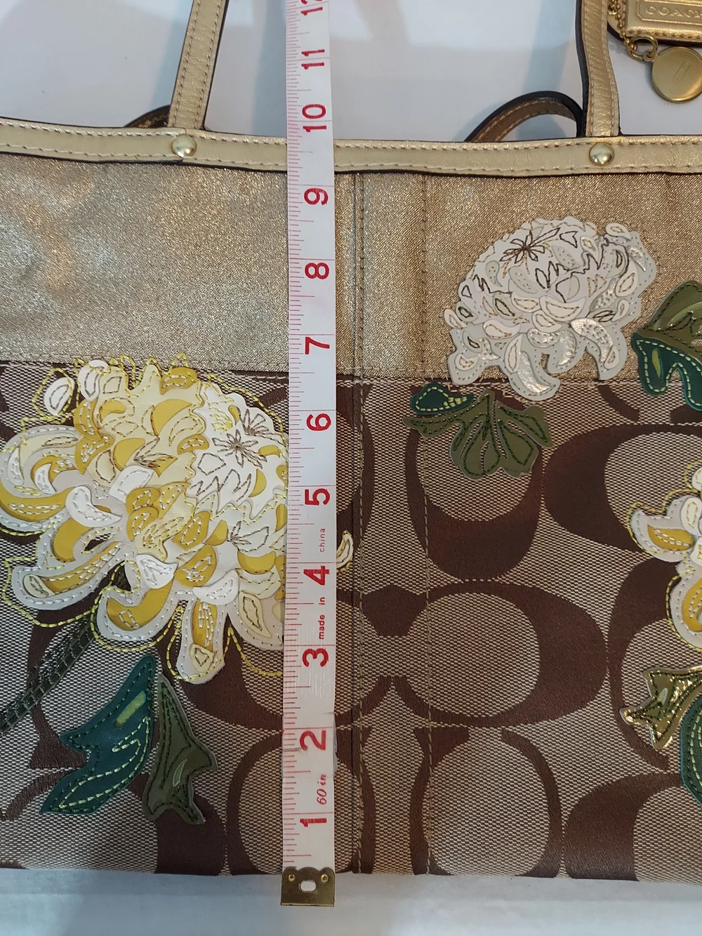 Coach Signature Stripe Floral Chrysanthemum Tote Gold Khaki Jacquard 12204